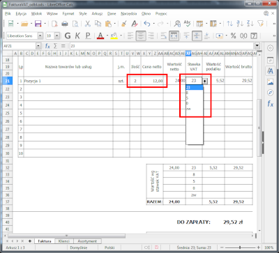 Wprowadzanie jednostki miary, ceny oraz stawki VAT