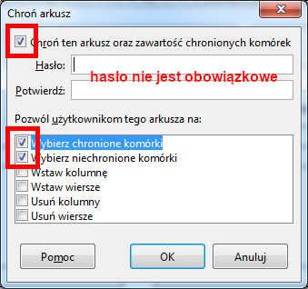 Włączenie ochrony arkusza - opcje